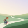 A child pauses on a winding path through open green hills, crouching to look at something on the ground.