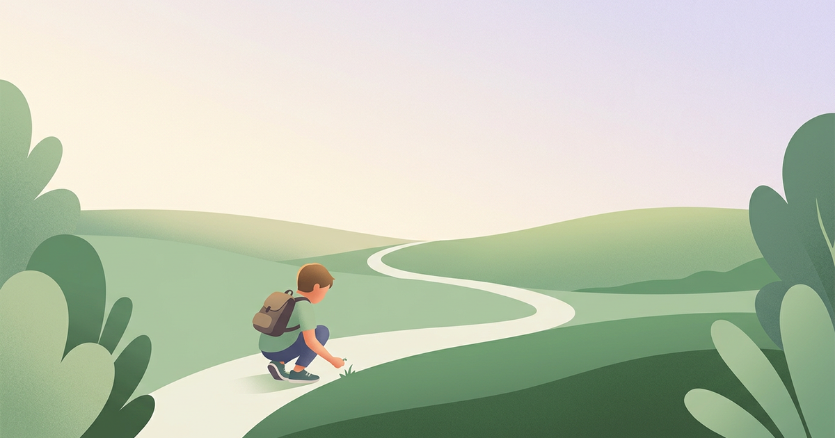 A child pauses on a winding path through open green hills, crouching to look at something on the ground.