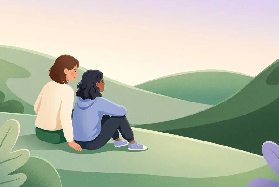 Parent sitting with their teenager on a hillside