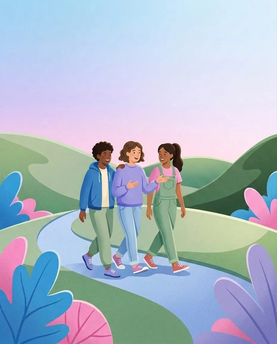 Three teenagers walking together on a path